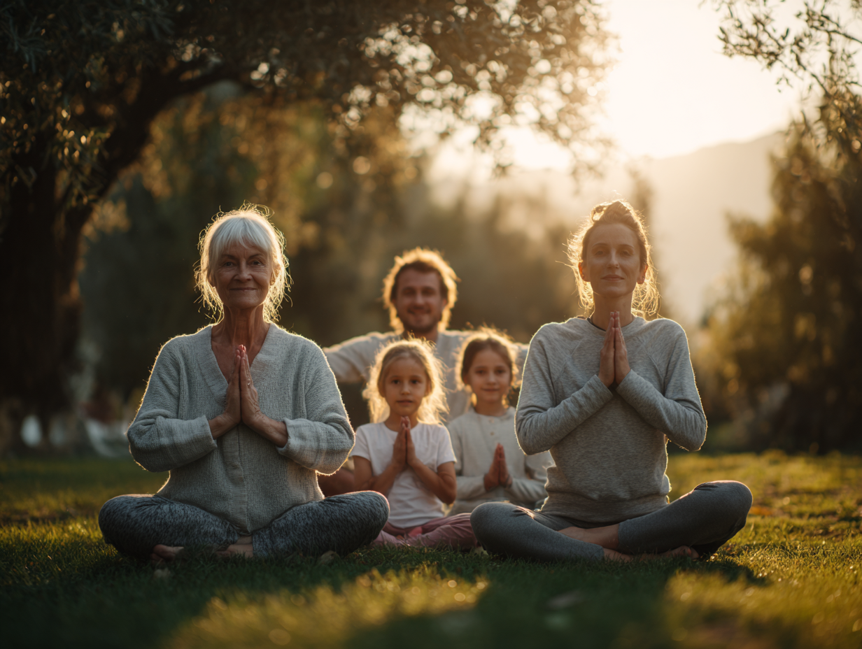Сім'я різного віку виконує вправи йоги в затишному просторі з природним освітленням